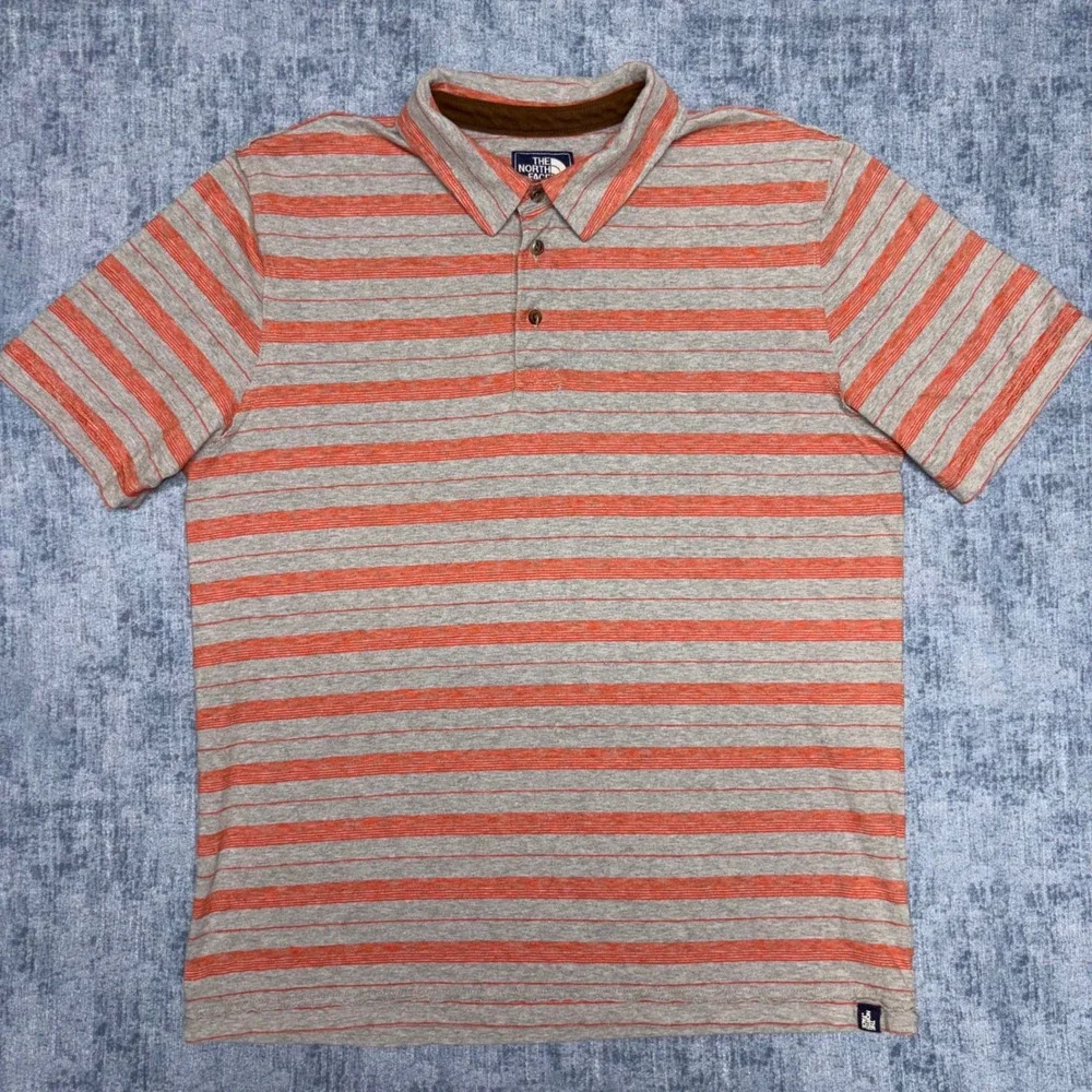 The North Face Mens Large Polo Shirt Grey Orange Striped Short Sleeve Cotton L